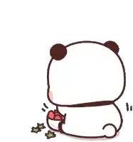 a cartoon panda bear is sitting down with a bowl of food in his hand .
