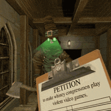 a video game character holding a clipboard with a petition to make whiney congressmen play violent video games
