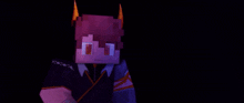 a close up of a minecraft character 's face with purple hair and a purple background .