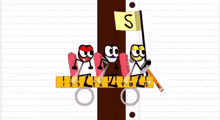 a group of toothpicks are riding on a ruler holding a flag .