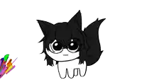 a black and white drawing of a cat with colorful lines coming out of its mouth
