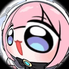 a close up of a cartoon character with pink hair wearing headphones .