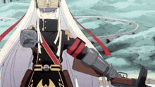 a girl with long white hair is holding a gun in her hand