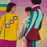 a woman in a yellow top is talking to a man in a blue and red suit