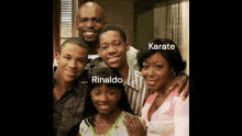 a family posing for a picture with the names rinaldo karate and karate on the bottom