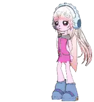 a pixel art of a girl wearing headphones and boots