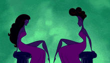 two women in purple dresses are sitting next to each other on pillars