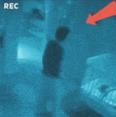 a person is walking down a set of stairs in a dark room with the word rec on the bottom