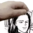 a hand is holding a woman 's head in a black and white cartoon .