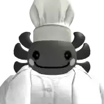 a black axolotl is wearing a chef 's hat and apron .