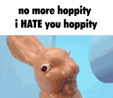a picture of a chocolate bunny with the words no more hoppity i hate you hoppity