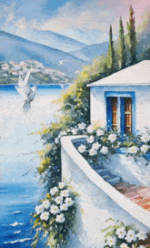 a painting of a house overlooking a body of water with flowers