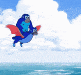 a cartoon of a gorilla riding a dragon in the sky over the ocean