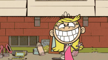 a cartoon character with a big smile on her face is standing in front of a brick wall