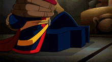 two cartoon characters standing next to each other with one wearing a cape