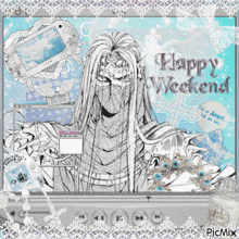 a picture of a man with long hair and the words happy weekend on the bottom