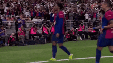 a group of soccer players are on a field with a crowd watching
