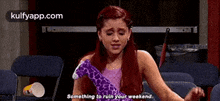 a girl with red hair is sitting in a chair holding a stuffed giraffe and saying `` something to ruin your weekend . ''