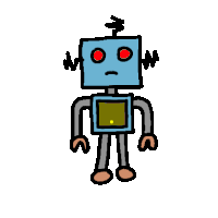 a cartoon drawing of a robot with red eyes and a question mark on his chest