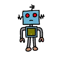 a cartoon drawing of a robot with red eyes and a question mark on his chest