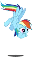a cartoon pony with a rainbow mane and tail is flying through the air