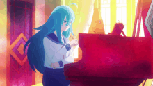 a girl with blue hair is playing a piano