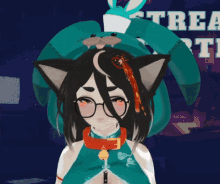 a drawing of a girl with cat ears and glasses in front of a sign that says fa