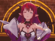 a cartoon character with red hair and horns is standing in front of a brick archway .