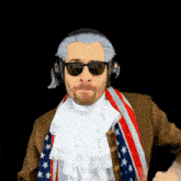 a man wearing sunglasses and headphones is dressed in a historical costume