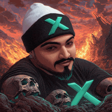 a man with a beard wears a beanie with a green x on it