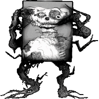 a black and white drawing of a monster with a skull on it 's head