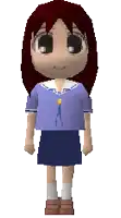 a pixel art of a girl with red hair wearing a purple shirt and blue skirt