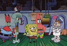 a group of cartoon characters including spongebob and patrick are standing in front of a galley rub sign
