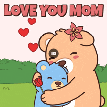 a cartoon of a teddy bear hugging another teddy bear with the words " love you mom " above them