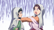 two anime characters are standing next to each other