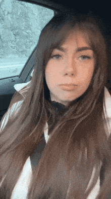 a woman with long brown hair is sitting in a car .