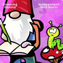 a cartoon of a gnome reading a book next to an independent inch worm on a mushroom