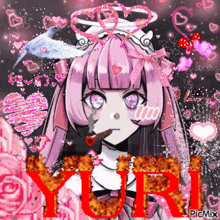 a girl with a knife in her mouth is surrounded by hearts and the name yuri