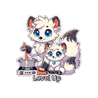 a sticker of a fox cooking with the words level up below it