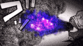 a black and white drawing of a purple and blue explosion