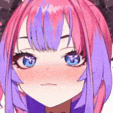 a close up of a anime girl with pink and purple hair and blue eyes
