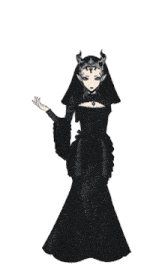 a woman in a black dress with horns on her head