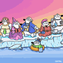 a cartoon of a group of polar bears standing on an iceberg with the word gifpal on the bottom