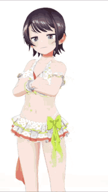 a anime girl in a bikini is standing on a white background