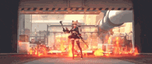 a girl with a gun is standing in front of a building that is on fire
