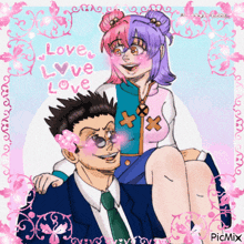 a man is carrying a girl in his arms with the words love love love written on the bottom
