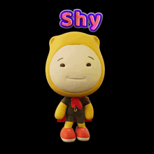a yellow cartoon character with the word shy above it