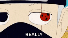 a close up of a cartoon character 's face with a red eye and the words `` really '' below it .