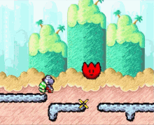 a video game scene with a red flower in the background