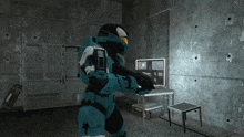 a man in a blue armor holds a gun in a dark room